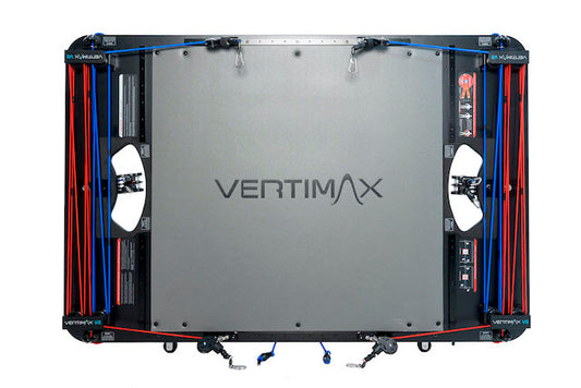 VertiMax V8 platform, top view with red and blue resistance bands